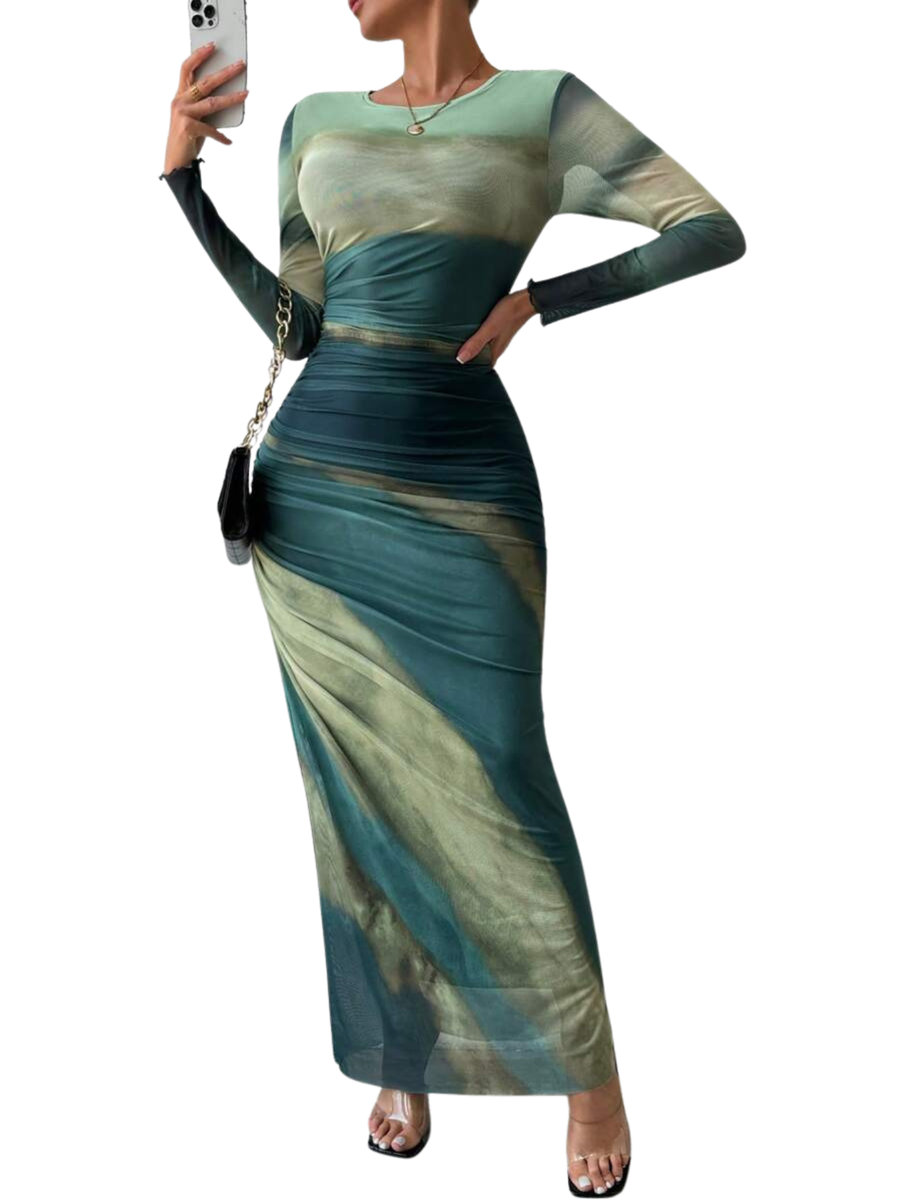 TESSIE™ - Women's All-Over Print Ruched Bodycon Dress Long Sleeve Round Neck Dress for Party