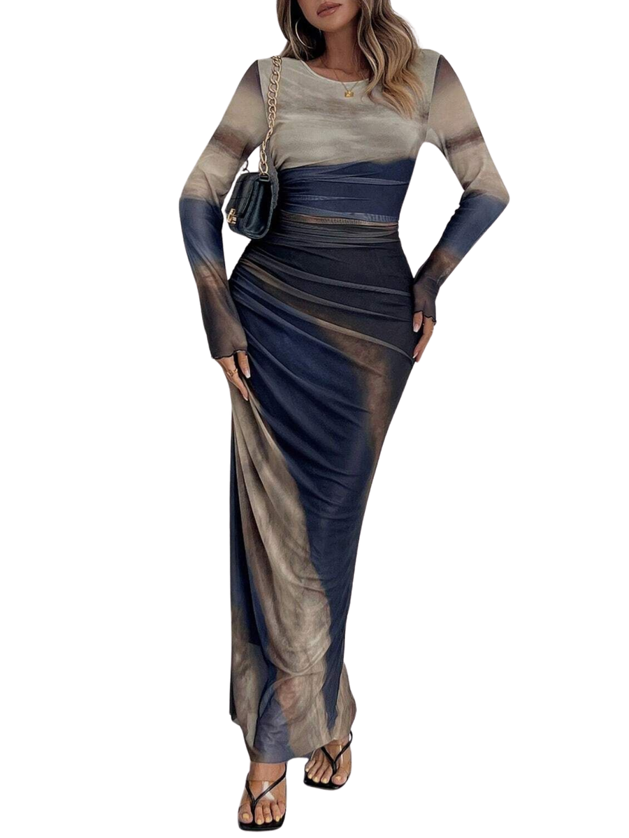 TESSIE™ - Women's All-Over Print Ruched Bodycon Dress Long Sleeve Round Neck Dress for Party