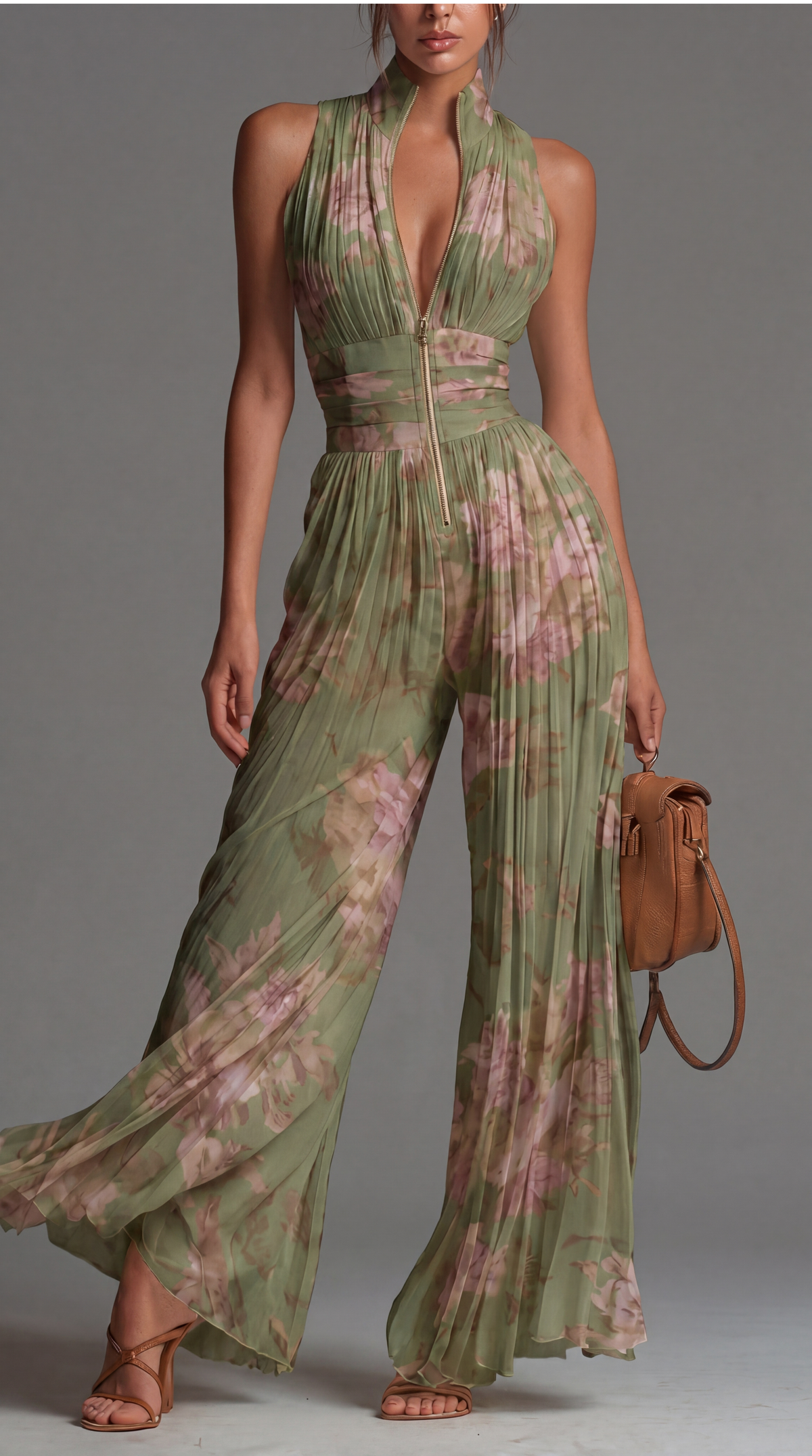 Camille Jumpsuit | Pleated chiffon jumpsuit in green