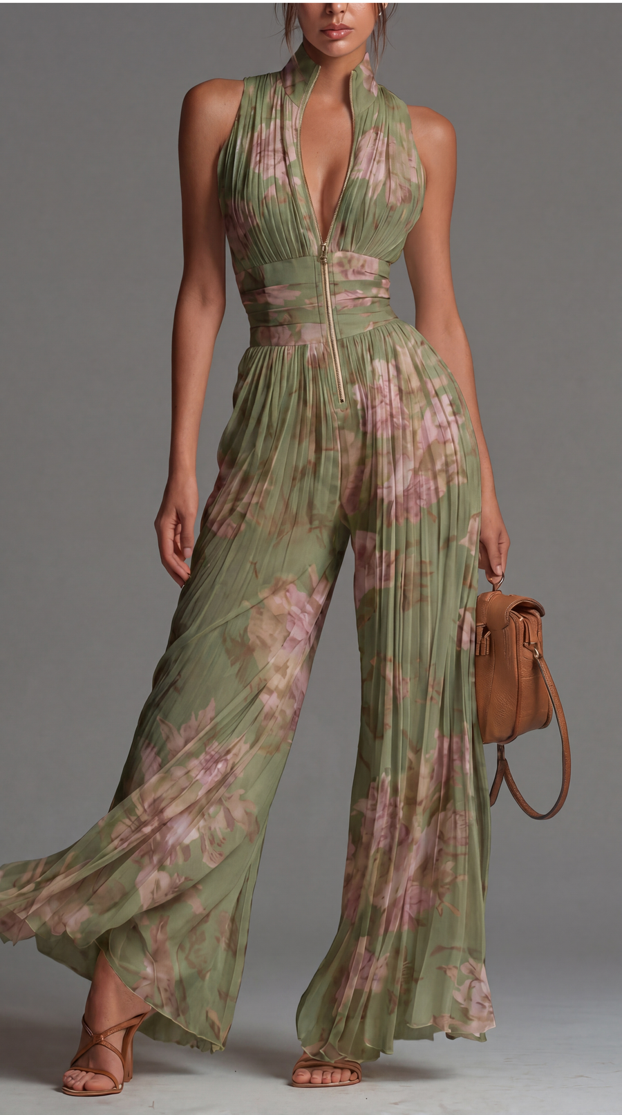 Camille Jumpsuit | Pleated chiffon jumpsuit in green