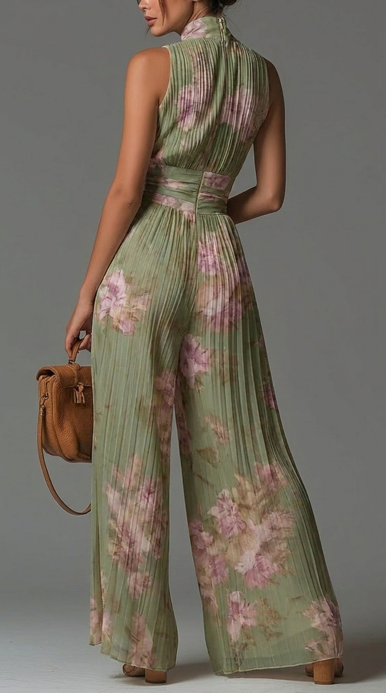 Camille Jumpsuit | Pleated chiffon jumpsuit in green